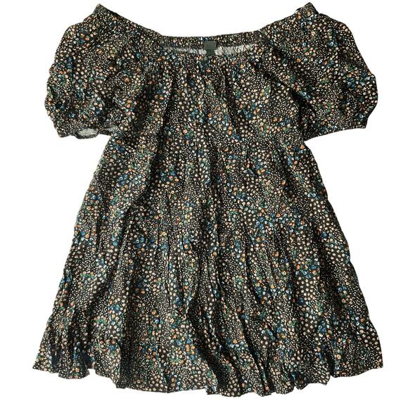 Wild Fable Women Mini Dress size M Off Shoulder Fluffy Soft Sleeve Floral Black - Picture 1 of 9